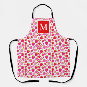 Schattige Roze & Rode Zomer Aardbeien Monogram Schort