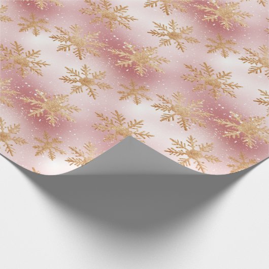 Schattige Roze Rose Goud Sneeuwvlok Feestelijke Pa Cadeaupapier (Hoek)