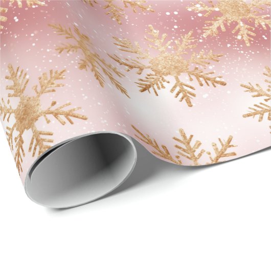 Schattige Roze Rose Goud Sneeuwvlok Feestelijke Pa Cadeaupapier (Rol Hoek)