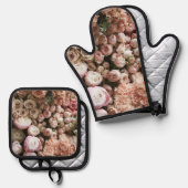 Schattige Roze Rozen Bloemen Ovenwant & Pannenlap Set (Voorkant / Achterkant)