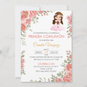 Schattige Roze Rozen Eerste Communie Spaans Kaart (Voorkant)