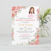 Schattige Roze Rozen Eerste Communie Spaans Kaart (Staand voorkant)