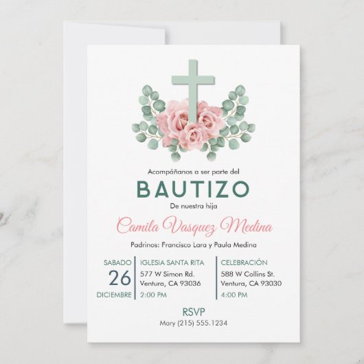Schattige Roze Rozen en bladeren Bautizo Doop Spaa Kaart (Voorkant)