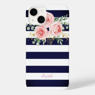 Schattige roze rozen marineblauw strepen Case-Mate iPhone 14 hoesje