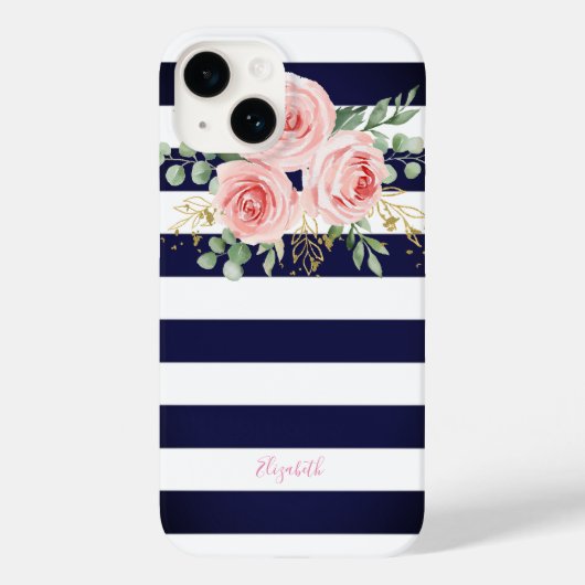 Schattige roze rozen marineblauw strepen Case-Mate iPhone case (Achterkant)