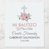 Schattige Roze Rozen Spaans Doopsel en eerste verj Wijn Etiket (Enkel label)