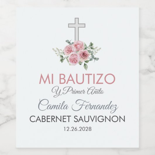 Schattige Roze Rozen Spaans Doopsel en eerste verj Wijn Etiket (Enkel label)