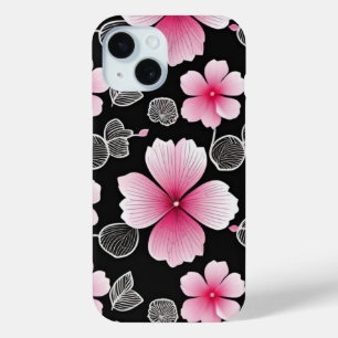 Schattige Roze Sakura Patroon op zwarte achtergron iPhone 15 Case