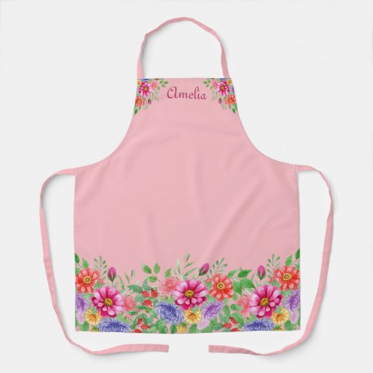 Schattige Roze Schort met Waterverf Bloemen (Voorkant)