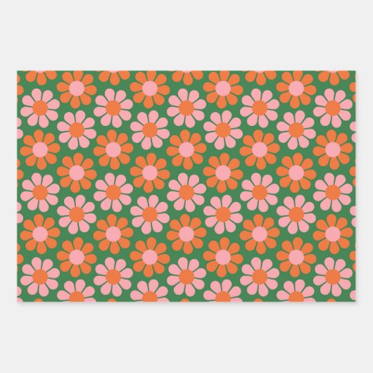Schattige Roze Sinaasappel Groen Retro Bloemen Inpakpapier Vel (Voorkant)