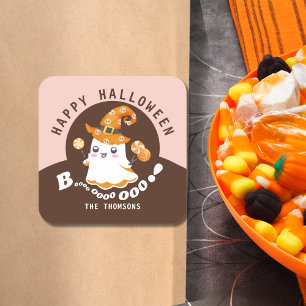 Schattige Roze Sinaasappel Halloween Boo-tiful Boo Vierkante Sticker