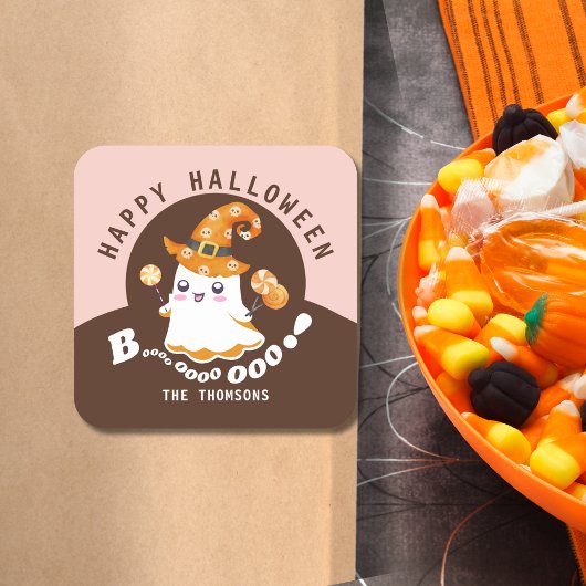 Schattige Roze Sinaasappel Halloween Boo-tiful Boo Vierkante Sticker