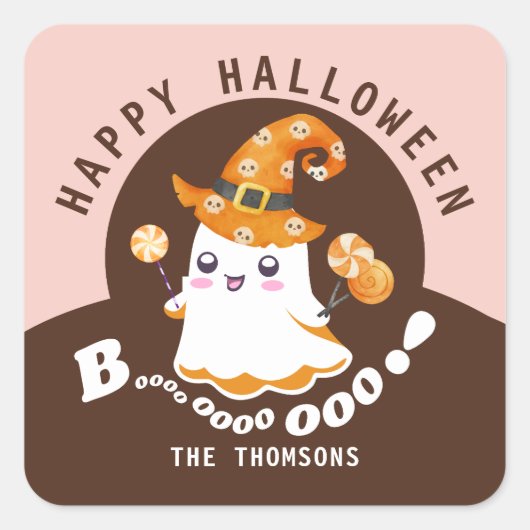 Schattige Roze Sinaasappel Halloween Boo-tiful Boo Vierkante Sticker (Voorkant)