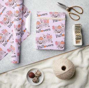 Schattige Roze Sinaasappel Spooky Halloween Cadeaupapier
