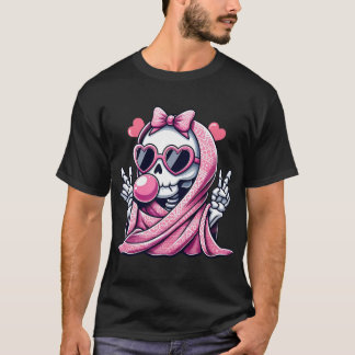 Schattige roze skelet Seizoen Halloween voor manne T-shirt