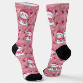 Schattige Roze Sneeuwman harten Gepersonaliseerde Sokken (Gebogen)