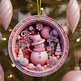 Schattige Roze Sneeuwman Kerstmis Keramisch Ornament
