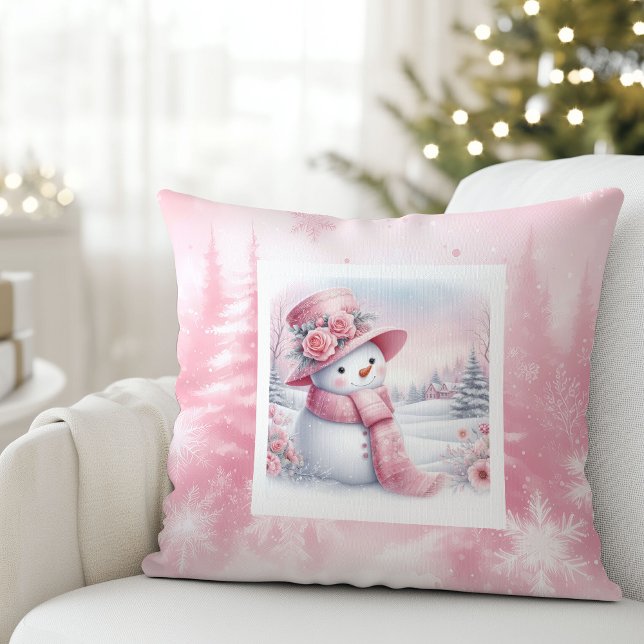 Schattige Roze Sneeuwman Kussen Bos Roze Kerstmis (Adorable Pink Snowman Pillow Forest Pinkmas)