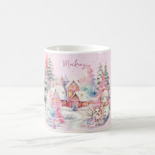 Schattige Roze Sneeuwman Winter Wonderland Custom Koffiemok