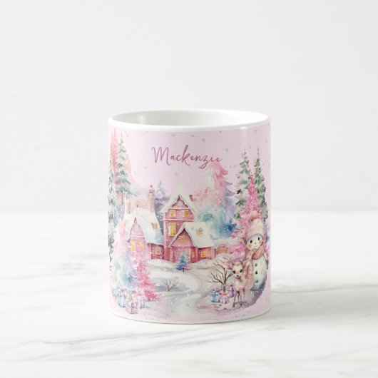 Schattige Roze Sneeuwman Winter Wonderland Custom Koffiemok (Center)