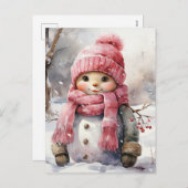Schattige roze sneeuwpop feestdagenkaart (Voorkant / Achterkant)