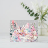 Schattige roze sneeuwpop winter wonderland briefkaart (Staand voorkant)
