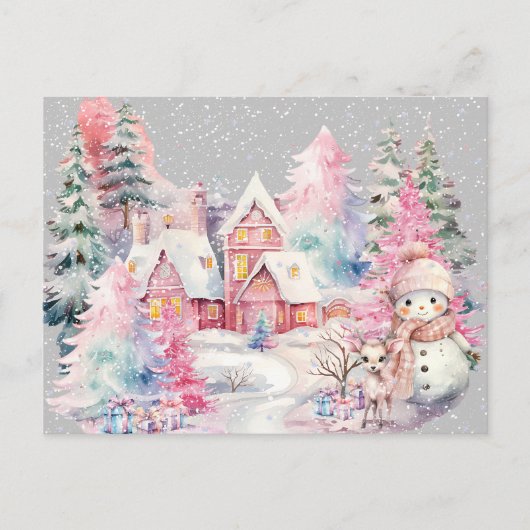 Schattige roze sneeuwpop winter wonderland briefkaart (Voorkant)