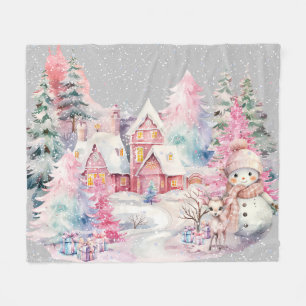 Schattige roze sneeuwpop winter wonderland fleece deken