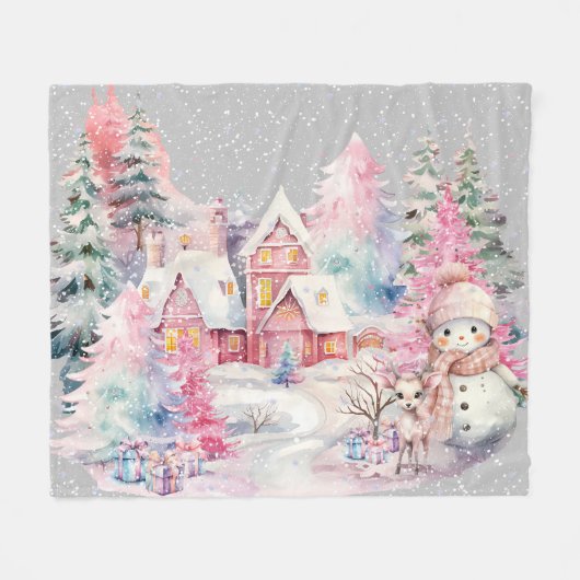 Schattige roze sneeuwpop winter wonderland fleece deken (Voorkant (Horizontaal))