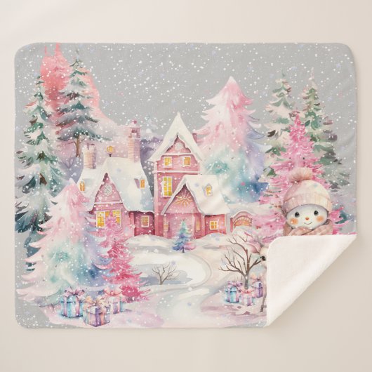 Schattige roze sneeuwpop winter wonderland sherpa deken (Voorkant (horizontaal))