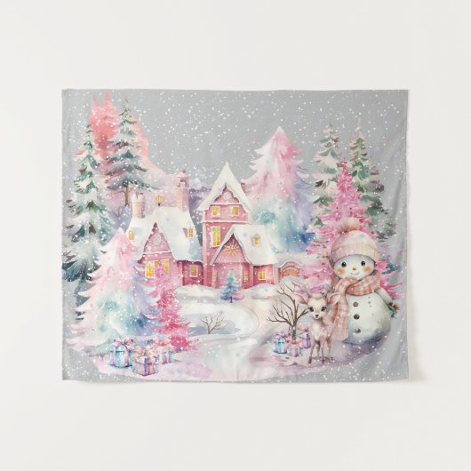 Schattige roze sneeuwpop winter wonderland wandkleed (Voorkant (horizontaal))