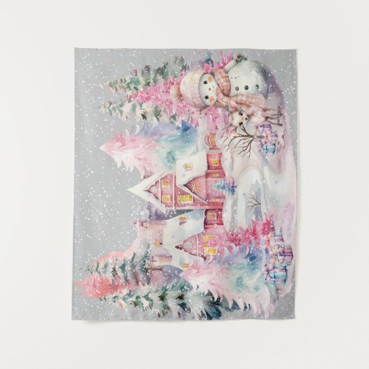 Schattige roze sneeuwpop winter wonderland wandkleed (Voorkant)