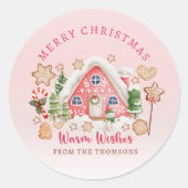 Schattige Roze Snoep Gingerbread House Vrolijk Ker Ronde Sticker (Voorkant)