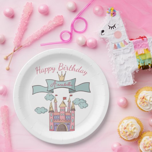 Schattige Roze Sprookje Prinses Kasteel Aangepaste Papieren Bordje (Feest)