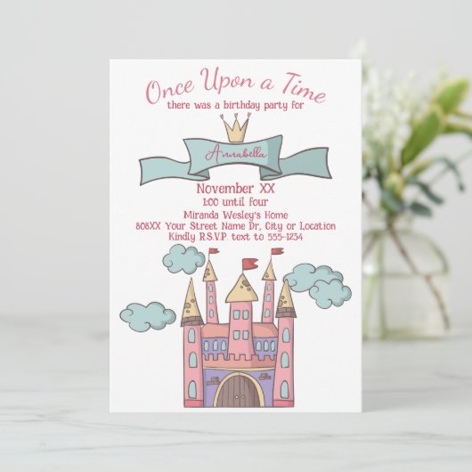 Schattige roze sprookje prinsessenkasteel kaart (Staand voorkant)