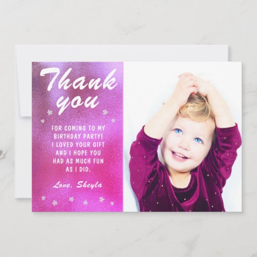 Schattige Roze Star Metallic Girly Verjaardagsfoto Bedankkaart (Voorkant)