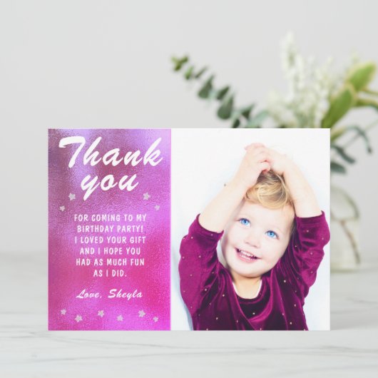 Schattige Roze Star Metallic Girly Verjaardagsfoto Bedankkaart