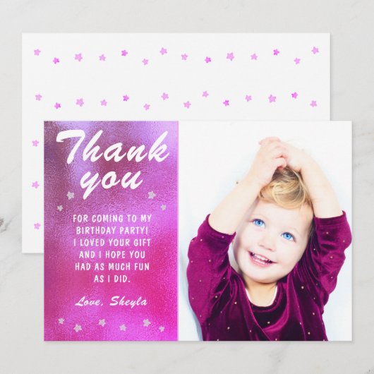 Schattige Roze Star Metallic Girly Verjaardagsfoto Bedankkaart (Voorkant / Achterkant)