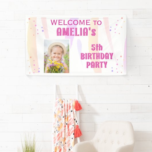 Schattige Roze Sterren Meisje Foto Verjaardag Welk Spandoek (Insitu)