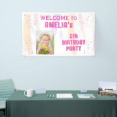 Schattige Roze Sterren Meisje Foto Verjaardag Welk Spandoek (Beurs)