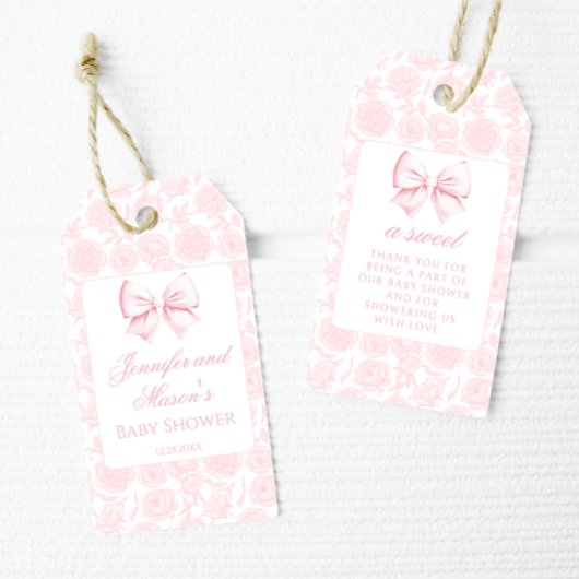 Schattige roze strik bloemenbaby meisje douche dan cadeaulabel