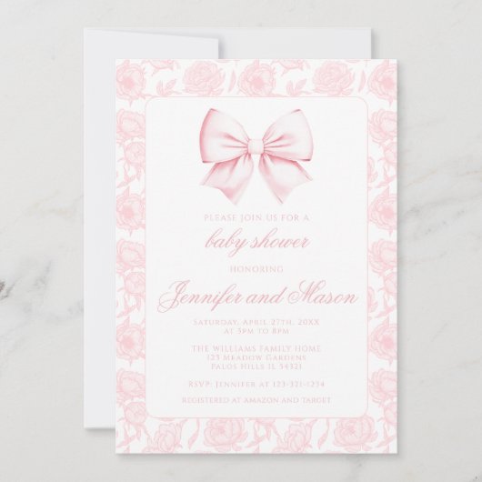 Schattige roze strik bloemenbaby meisje doucheuitn kaart (Voorkant)