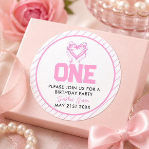 Schattige Roze Strik Coquette 1e Verjaardag Ronde Sticker