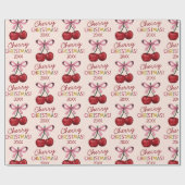 Schattige roze strik en rode kersen kerstpatroon cadeaupapier (Vlak)