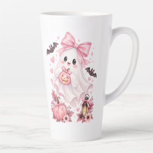 Schattige Roze Strik Geest Halloween Latte Mok (Rechts)