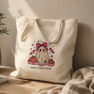 Schattige Roze Strik Geest met Naam Pastel Roze Sc Grote Tote Bag