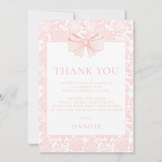 Schattige roze strik lint floral preppy baby showe bedankkaart (Voorkant)