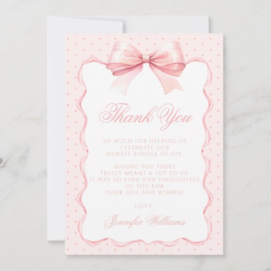 Schattige roze strik lint polkadot baby girl showe bedankkaart (Voorkant)