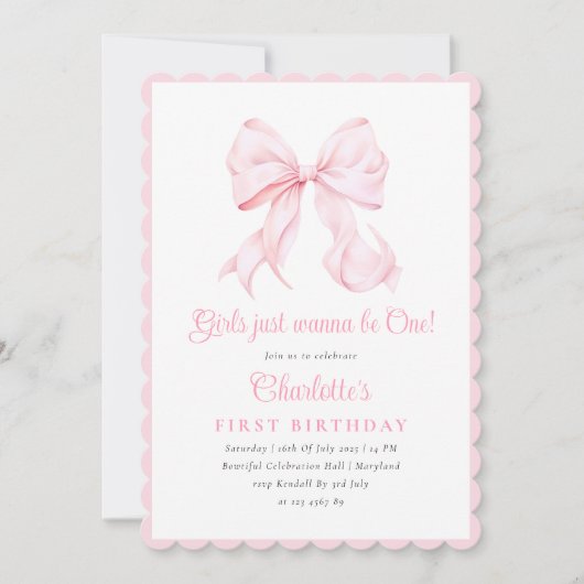 Schattige roze strik meisje eerste verjaardagsuitn kaart (Voorkant)