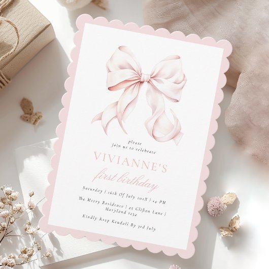 Schattige roze strik meisje eerste verjaardagsuitn kaart